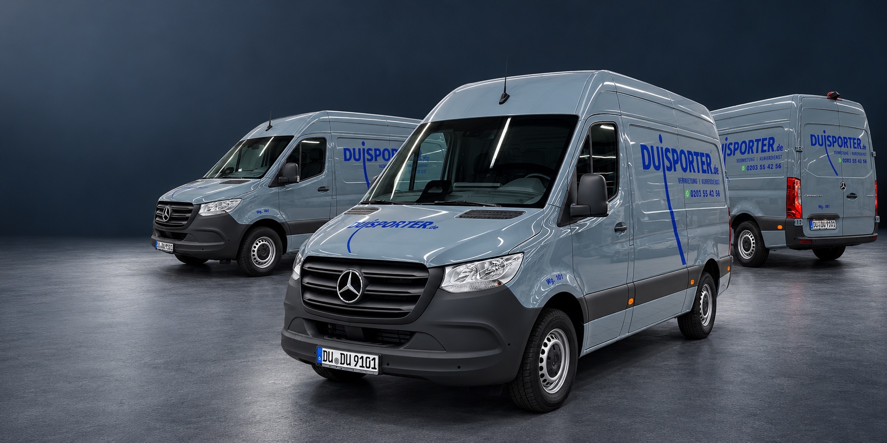 Fotomontage mit Front-, Seiten- und Heckansichten desselben grauen Duisporter Mercedes-Benz Sprinters.